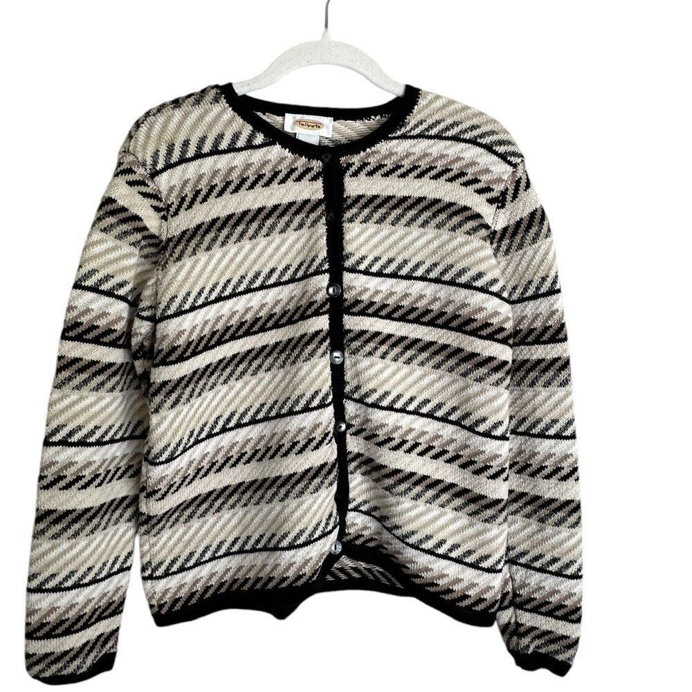 Talbots beige, black, and tan pattern knit cotton linen cardigan Size S
